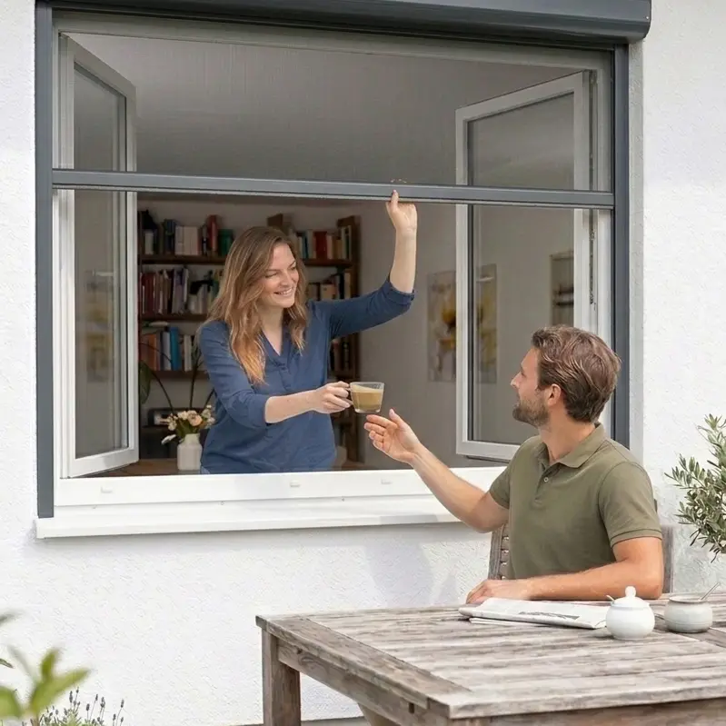 Frau reicht Mann eine Tasse durch ein Fenster mit geöffnetem Insektenschutz Kassettenrollo.