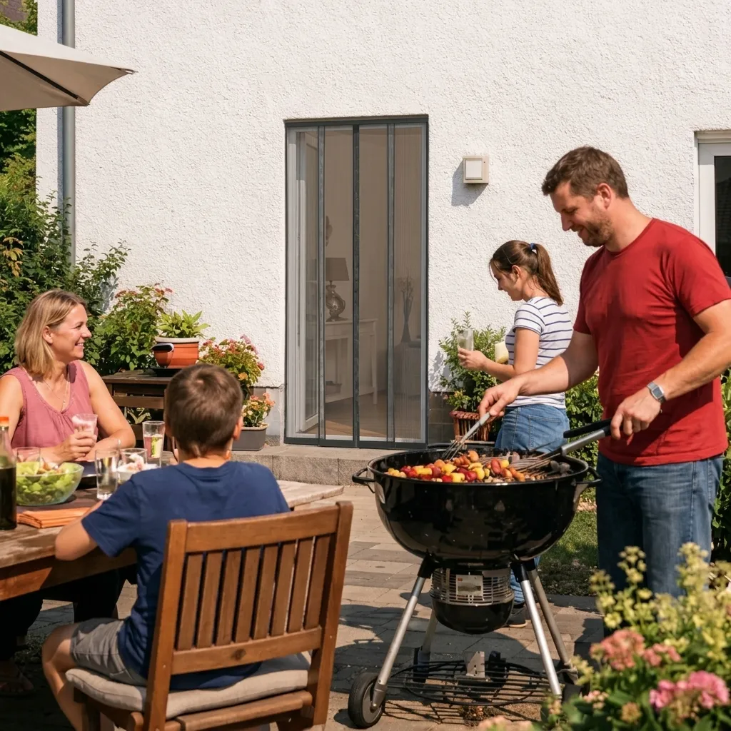 Familie auf der Terrasse vor Tür mit Fliegengitter-Lamellen moderner Insektenschutz für Balkon und Terrasse