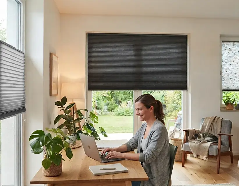 Frau arbeitet im Wohnzimmer am Laptop mit Thermo Plissees heruntergelassen