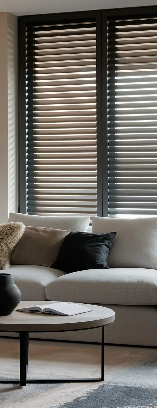 Alu Jalousie für ihr Wohnzimmer dunkelgraue Jalousie im Wohnzimmer